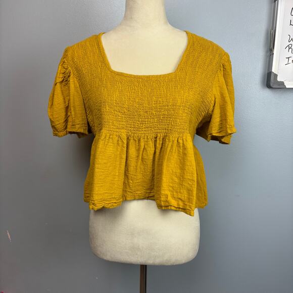 Earthbound 100% Cotton Mustard Yellow Smocked Ruffle Crop Puff Sleeve X Large - Picture 3 of 7